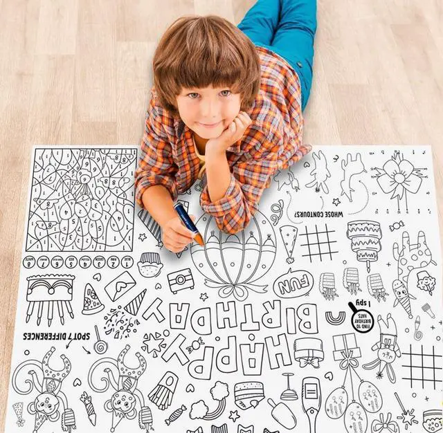 Alt view image 5 of 5 - Happy Birthday Coloring Paper Tablecloth Poster 31 * 43" Wall Coloring Tablecloth Animals Drawing Paper Table Cover for Home Birthday Party Kindergarten Classroom Group Activities