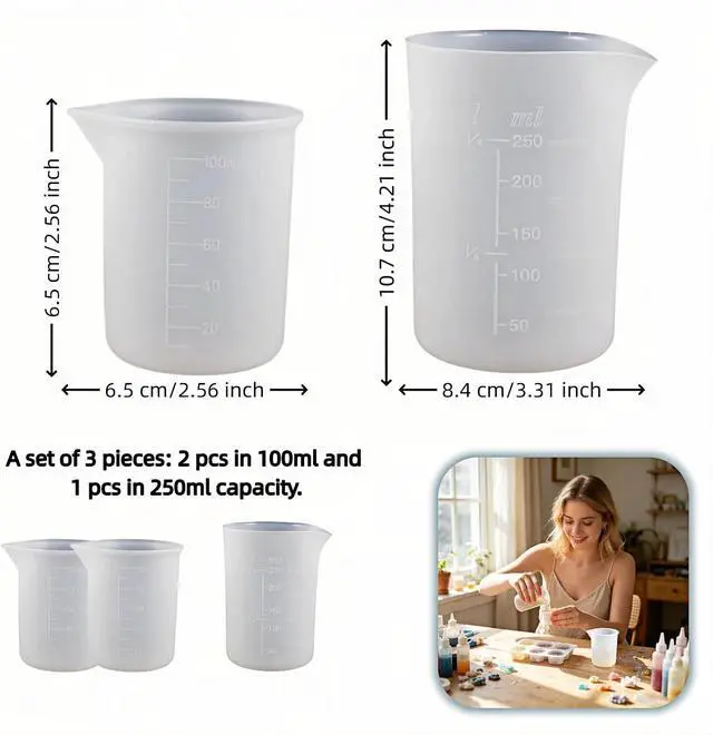 Alt view image 7 of 7 - Silicone Measuring Cups for Resin, 3 Pack (2x100ml & 1x250ml), No-Spill Pouring Spout, Reusable Mixing Cups for Epoxy Resin, DIY Crafts