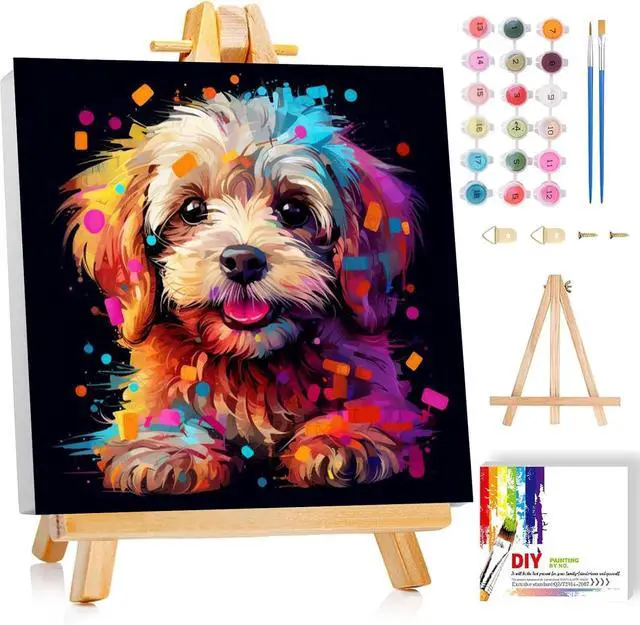 Main image of Dog Paint by Numbers Kit for Kids with Frame - Wooden Easel, Animals Paint by Numbers for Kids Ages 4 8 12, Easy Acrylic Oil Painting Kits for Home Wall Decoration 8x8 inch