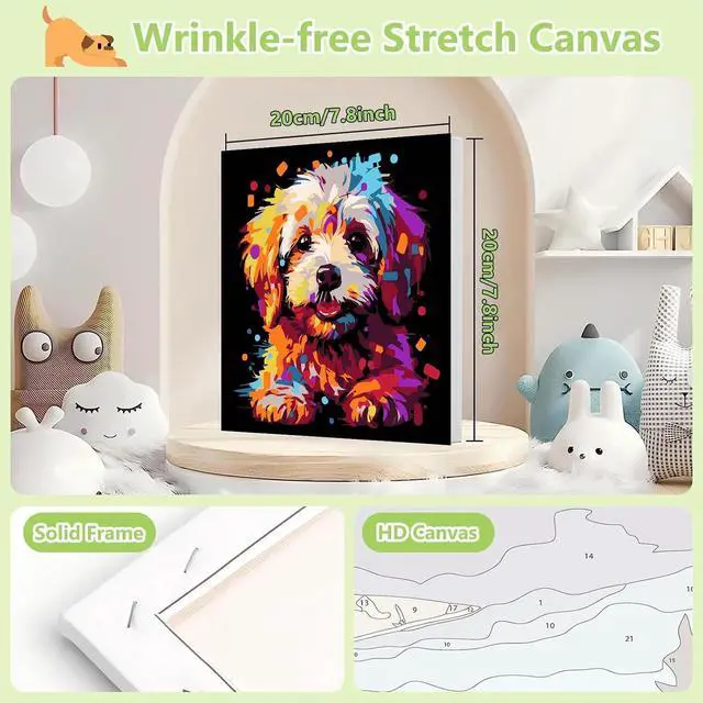 Alt view image 2 of 7 - Dog Paint by Numbers Kit for Kids with Frame - Wooden Easel, Animals Paint by Numbers for Kids Ages 4 8 12, Easy Acrylic Oil Painting Kits for Home Wall Decoration 8x8 inch