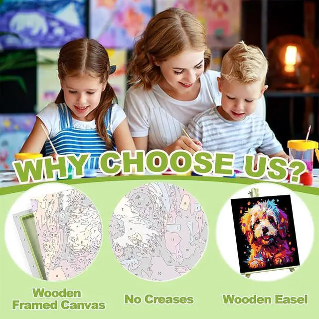 Alt view image 3 of 7 - Dog Paint by Numbers Kit for Kids with Frame - Wooden Easel, Animals Paint by Numbers for Kids Ages 4 8 12, Easy Acrylic Oil Painting Kits for Home Wall Decoration 8x8 inch