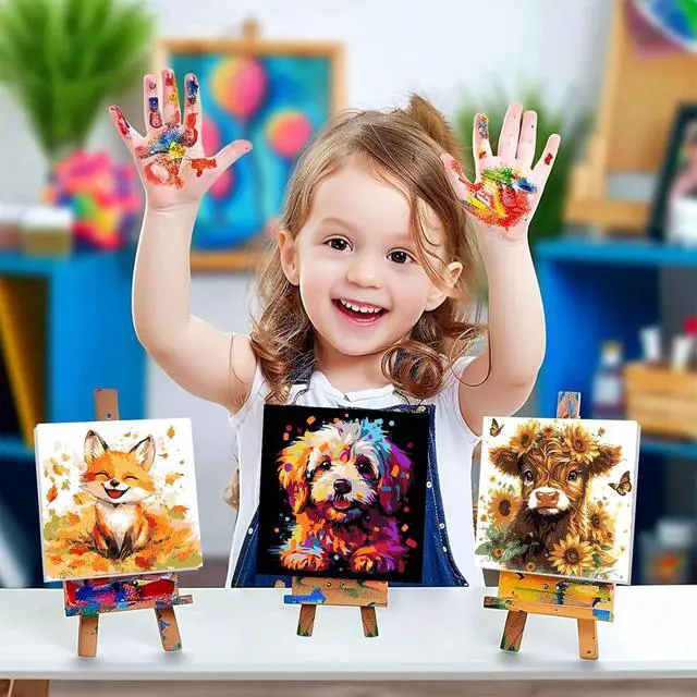 Alt view image 4 of 7 - Dog Paint by Numbers Kit for Kids with Frame - Wooden Easel, Animals Paint by Numbers for Kids Ages 4 8 12, Easy Acrylic Oil Painting Kits for Home Wall Decoration 8x8 inch