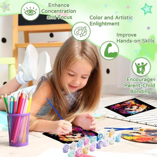 Alt view image 5 of 7 - Dog Paint by Numbers Kit for Kids with Frame - Wooden Easel, Animals Paint by Numbers for Kids Ages 4 8 12, Easy Acrylic Oil Painting Kits for Home Wall Decoration 8x8 inch
