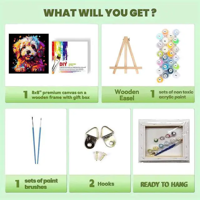 Alt view image 6 of 7 - Dog Paint by Numbers Kit for Kids with Frame - Wooden Easel, Animals Paint by Numbers for Kids Ages 4 8 12, Easy Acrylic Oil Painting Kits for Home Wall Decoration 8x8 inch