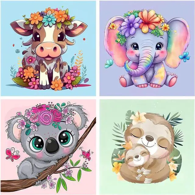 Main image of 4 Pack Paint by Numbers for Kid Ages 4-8 Animals 8x8inch | Animal Paint by Number Kits for Kids, DIY Animal Oil Painting for Home Decoration