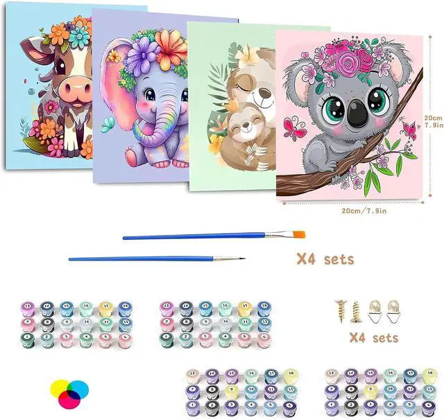 Alt view image 3 of 7 - 4 Pack Paint by Numbers for Kid Ages 4-8 Animals 8x8inch | Animal Paint by Number Kits for Kids, DIY Animal Oil Painting for Home Decoration