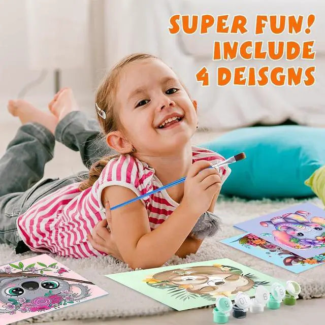 Alt view image 6 of 7 - 4 Pack Paint by Numbers for Kid Ages 4-8 Animals 8x8inch | Animal Paint by Number Kits for Kids, DIY Animal Oil Painting for Home Decoration