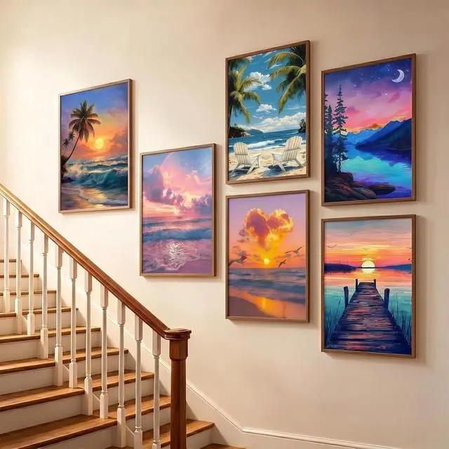 Alt view image 3 of 7 - 5D Diamond Painting Kits for Adults, 6 Pack Beach Diamond Art Set | DIY Full Round Drill Seaside Sunset Landscape Gem Diamond Dot Paint by Number for Home Wall Decor Present, 9.8 Inx13.7 Inch