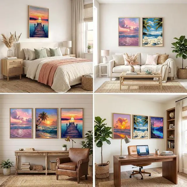 Alt view image 2 of 7 - 5D Diamond Painting Kits for Adults, 6 Pack Beach Diamond Art Set | DIY Full Round Drill Seaside Sunset Landscape Gem Diamond Dot Paint by Number for Home Wall Decor Present, 9.8 Inx13.7 Inch