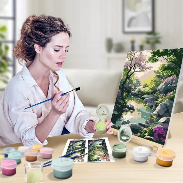 Alt view image 4 of 7 - Paint by Numbers Kit for Adults with Frame, Landscape Paint by Number Canvas, Mountain Paint by Numbers with Easel, DIY Flowers Scenery Oil Painting Kit for Home Wall Decor 8 x 12 Inch