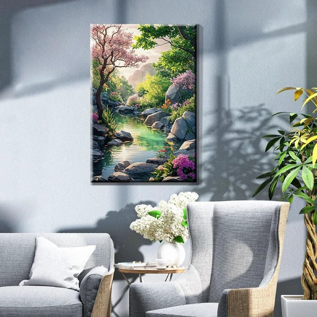 Alt view image 5 of 7 - Paint by Numbers Kit for Adults with Frame, Landscape Paint by Number Canvas, Mountain Paint by Numbers with Easel, DIY Flowers Scenery Oil Painting Kit for Home Wall Decor 8 x 12 Inch