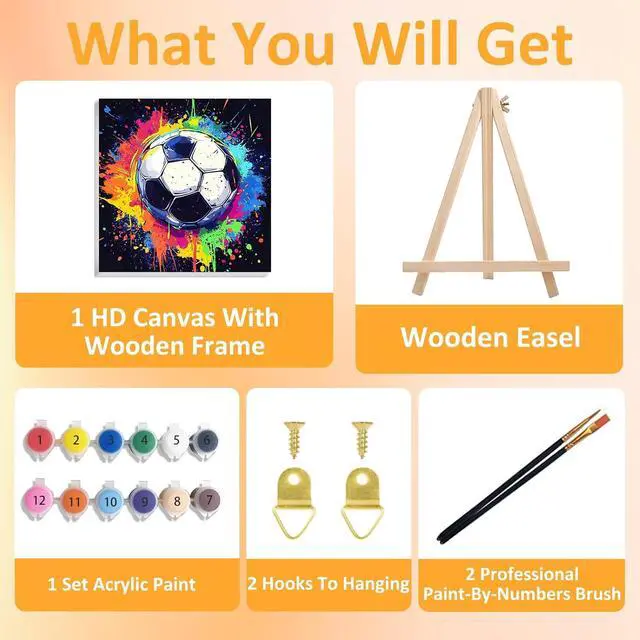 Alt view image 4 of 7 - Paint by Numbers Kit for Kids with Frame and Easel, Soccer, 8x8 inch | Soccer Paint by Numbers for Kids Ages 4-8-12, with Frame, Wooden Easel, Gifts Box, Fun and Relaxing,Home Wall Decor