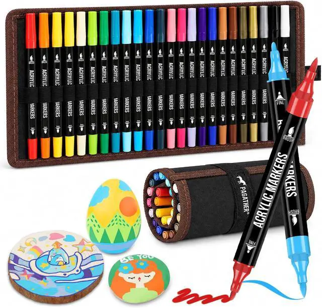 Main image of Acrylic Paint Markers, 24 Colors Dual Tip Fine & Brush Pens Set | For Rocks, Fabric, Wood, Glass & More, Perfect for DIY Crafts and Creative Art Projects with Bright, Smooth and Quick-Dry Ink