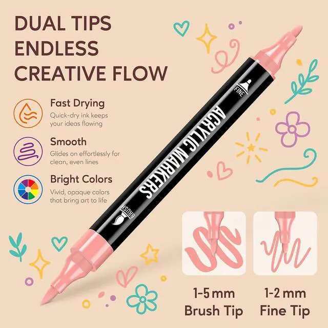 Alt view image 3 of 7 - Acrylic Paint Markers, 24 Colors Dual Tip Fine & Brush Pens Set | For Rocks, Fabric, Wood, Glass & More, Perfect for DIY Crafts and Creative Art Projects with Bright, Smooth and Quick-Dry Ink