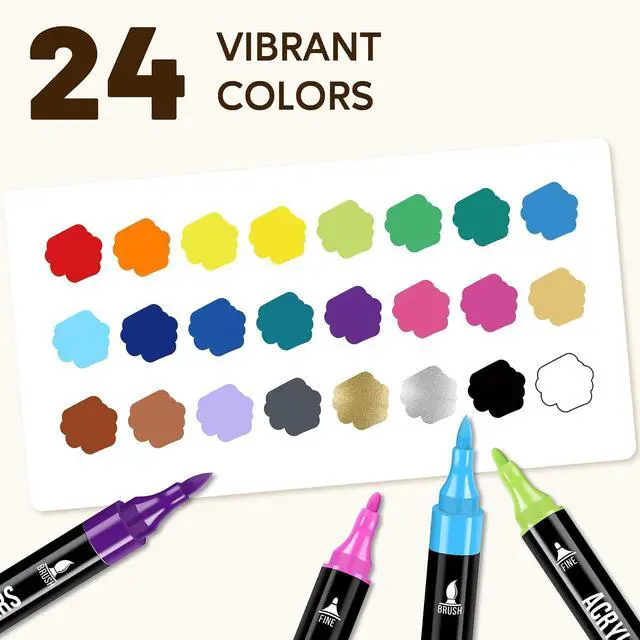 Alt view image 4 of 7 - Acrylic Paint Markers, 24 Colors Dual Tip Fine & Brush Pens Set | For Rocks, Fabric, Wood, Glass & More, Perfect for DIY Crafts and Creative Art Projects with Bright, Smooth and Quick-Dry Ink