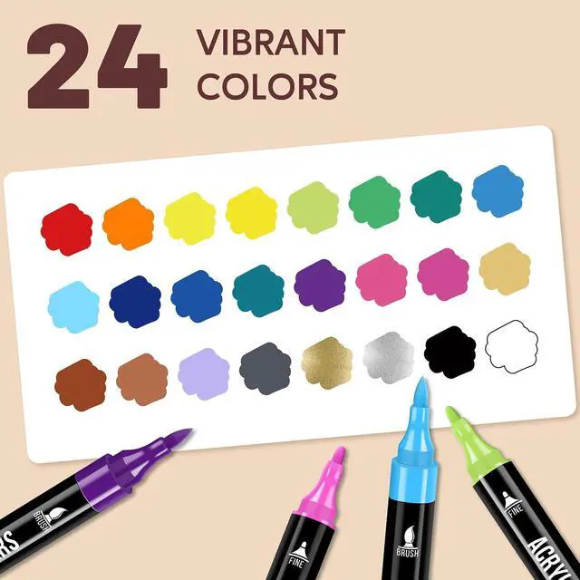 Alt view image 5 of 7 - Acrylic Paint Markers, 24 Colors Dual Tip Fine & Brush Pens Set | For Rocks, Fabric, Wood, Glass & More, Perfect for DIY Crafts and Creative Art Projects with Bright, Smooth and Quick-Dry Ink