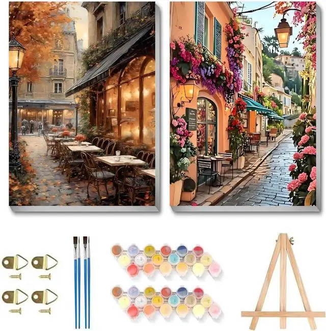 Main image of 2 Pack Framed Paint by Numbers Kit for Adults Easel 8x12 Inch | Landscape Streetscape Adult Paint by Numbers, DIY Acrylic Oil Painting by Numbers with Brushes on Canvas Gift Home Wall Decor