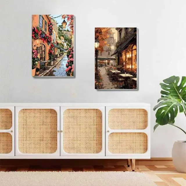 Alt view image 2 of 7 - 2 Pack Framed Paint by Numbers Kit for Adults Easel 8x12 Inch | Landscape Streetscape Adult Paint by Numbers, DIY Acrylic Oil Painting by Numbers with Brushes on Canvas Gift Home Wall Decor