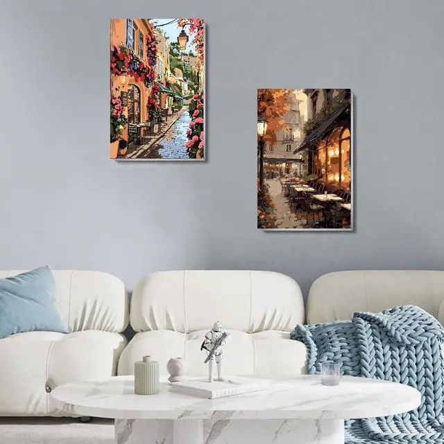 Alt view image 3 of 7 - 2 Pack Framed Paint by Numbers Kit for Adults Easel 8x12 Inch | Landscape Streetscape Adult Paint by Numbers, DIY Acrylic Oil Painting by Numbers with Brushes on Canvas Gift Home Wall Decor