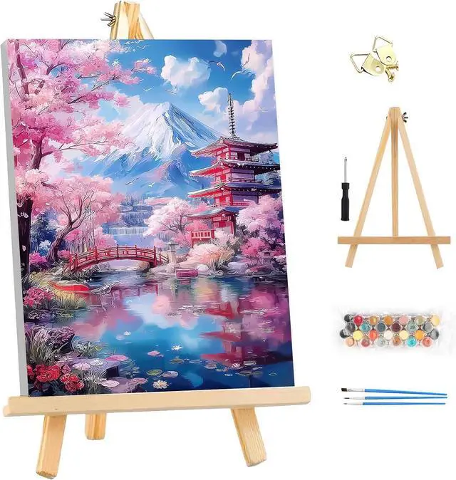 Main image of Framed Paint by Numbers Kits for Adults - Wooden Easel, Japanese scenery DIY Painting Kits for Adults Beginner, Painting on Stretched Canvas Oil Paint by Numbers for Home Decor Gift 10x14 Inch