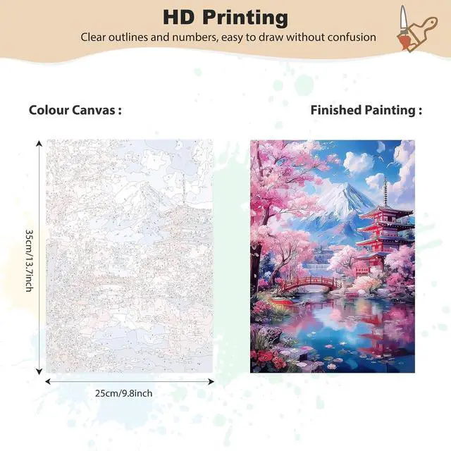 Alt view image 2 of 7 - Framed Paint by Numbers Kits for Adults - Wooden Easel, Japanese scenery DIY Painting Kits for Adults Beginner, Painting on Stretched Canvas Oil Paint by Numbers for Home Decor Gift 10x14 Inch