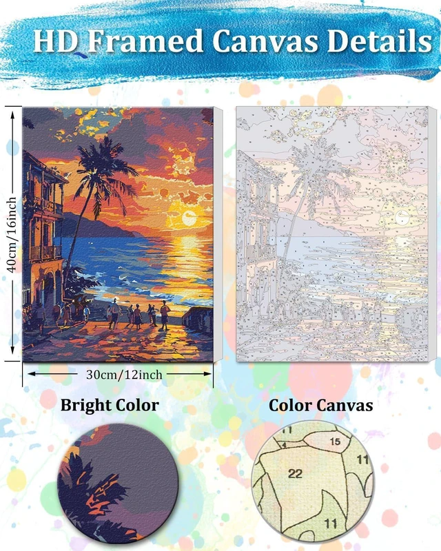 Alt view image 2 of 7 - Framed Paint by Numbers Kit for Adults, 12x16Inch Hawaii Sunset Paint by Numbers with Frame, Beach Adult Paint by Number Framed Canvas Nature Scenery(Without Easel)