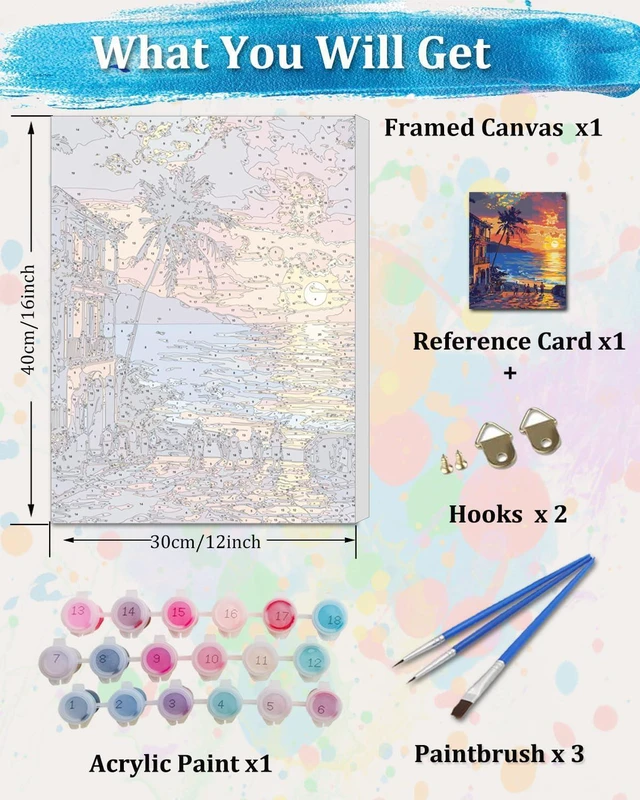 Alt view image 3 of 7 - Framed Paint by Numbers Kit for Adults, 12x16Inch Hawaii Sunset Paint by Numbers with Frame, Beach Adult Paint by Number Framed Canvas Nature Scenery(Without Easel)