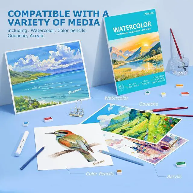 Alt view image 5 of 7 - Pacocoast Watercolor Paper, 9"X12" Cold Press Water Color Paper Pad, (300gsm/140lb) Artist Sketchbook for Acrylic, Gouache & Pencil. Painting Drawing Paper Book, Art Supplies for Adults, Teal