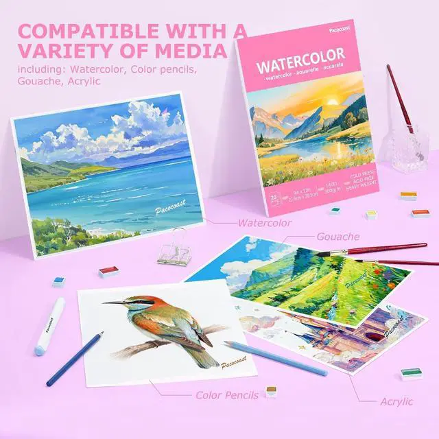Alt view image 6 of 7 - Pacocoast Watercolor Paper, 9"X12" Artist Drawing Paper Pads, (300gsm/140lb) Water Color Sketch Book for Painting, Arts & Crafts Supplies for Adults, Watercolor Journal Notebook, Pink