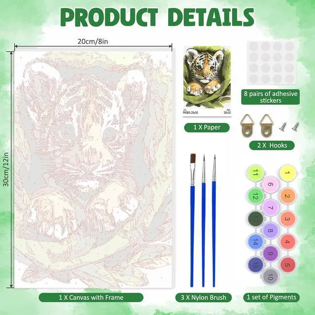 Alt view image 5 of 7 - Framed Paint by Numbers Kit for Adults, Tiger DIY Paint by Number Kits on Canvas, Easy Animal Painting by Numbers for Home Wall Decor Gift 8x12 Inch