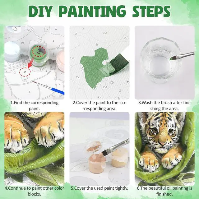 Alt view image 7 of 7 - Framed Paint by Numbers Kit for Adults, Tiger DIY Paint by Number Kits on Canvas, Easy Animal Painting by Numbers for Home Wall Decor Gift 8x12 Inch