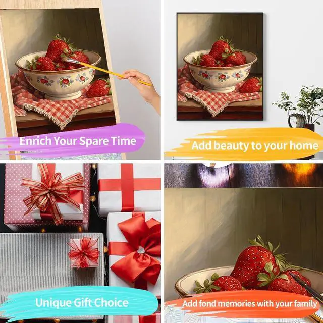 Alt view image 7 of 7 - DIY Strawberry Paint by Numbers Kits for Adults,Vintage Paint by Number for Adults Beginner, Paint by Numbers Kits on Canvas Without Frame for Home Wall Decor 16x20inch