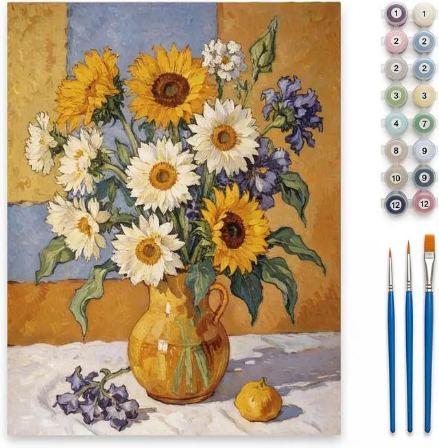 Main image of Paint by Numbers Kit for Adults - Sunflowers DIY Paint by Number Canvas Art Kit, 16x20 in Oil Painting by Nubmers Kit for Relaxation and Home Decor, Acrylic Paint Set