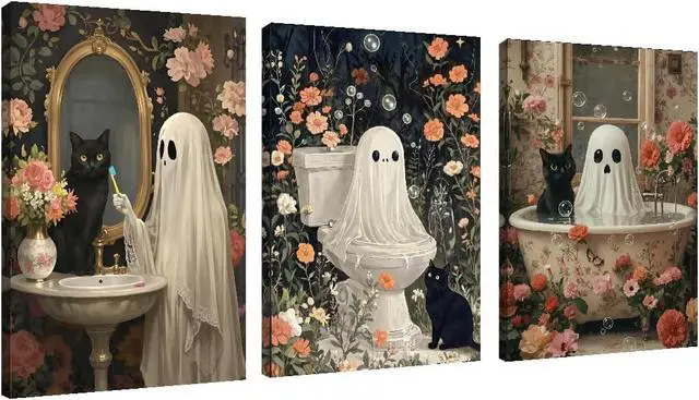 Main image of 3 Pack Ghost Paint by Numbers Kit for Adults, Halloween Ghost Adult Paint by Number Kits on Canvas, Acrylic Bathroom Easy Paint by Numbers for Gift Home Decor 12x16 Inch