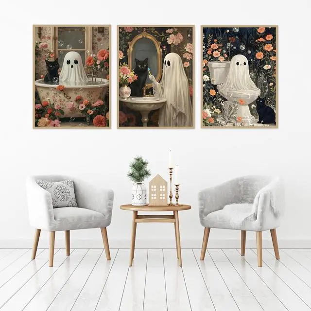 Alt view image 6 of 7 - 3 Pack Ghost Paint by Numbers Kit for Adults, Halloween Ghost Adult Paint by Number Kits on Canvas, Acrylic Bathroom Easy Paint by Numbers for Gift Home Decor 12x16 Inch