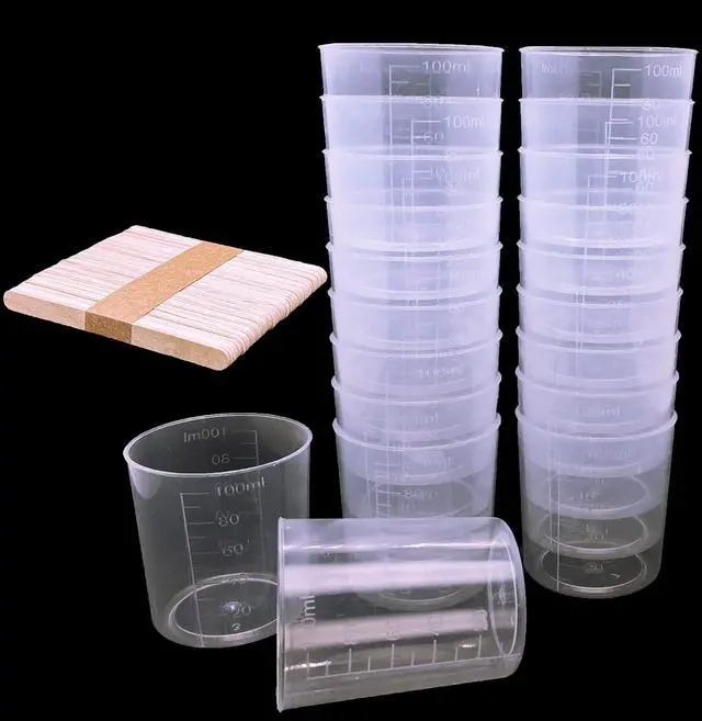 Main image of 24 Pcs Clear Scale Cups, Plastic Graduated Cups 3.4oz. | Transparent Experiment Measuring Cup 100ml with 50 Pcs Wooden Stirring Sticks for Epoxy, Resin, Stain, Mixing Paint