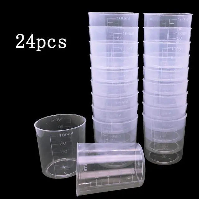 Alt view image 5 of 5 - 24 Pcs Clear Scale Cups, Plastic Graduated Cups 3.4oz. | Transparent Experiment Measuring Cup 100ml with 50 Pcs Wooden Stirring Sticks for Epoxy, Resin, Stain, Mixing Paint
