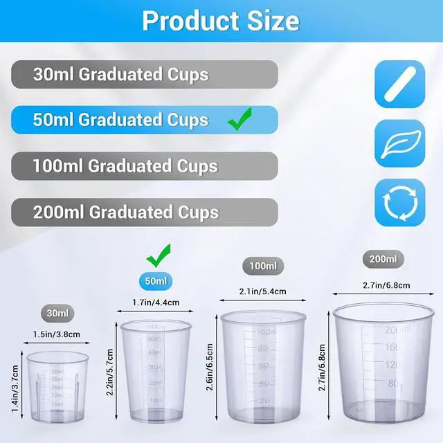 Alt view image 2 of 6 - 50ml Measuring Cups - 10 Pack, 1.7oz Disposable Graduated Cups for Resin Mixing, Model Painting, Adhesive & Lab Use, Chemical Resistant, Stackable