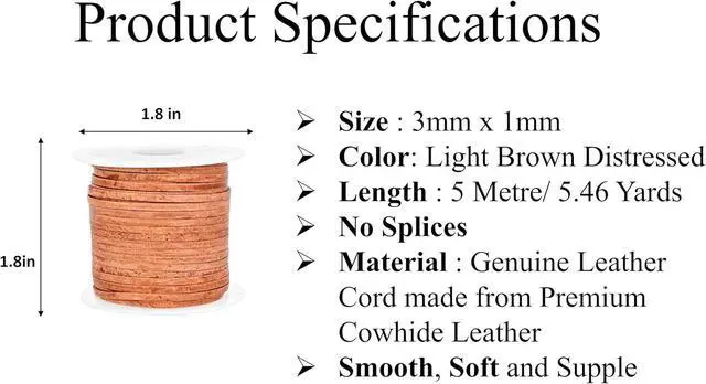 Alt view image 2 of 5 - 3mm Leather Cord, 1/8 inch Leather String Cord for Shoe Laces, Necklace, Bracelets, Jewelry Making, Crafting (3mm Light Brown Distressed 5Mtr)