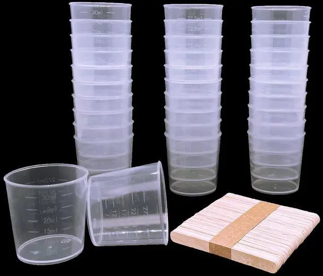 Main image of 60 Pcs Plastic Graduated Cups, 30ml/1oz Clear Scale Cups | Transparent Experiment Measuring Cup with 50 Pcs Wooden Stirring Sticks for Epoxy, Resin, Stain, Mixing Paint