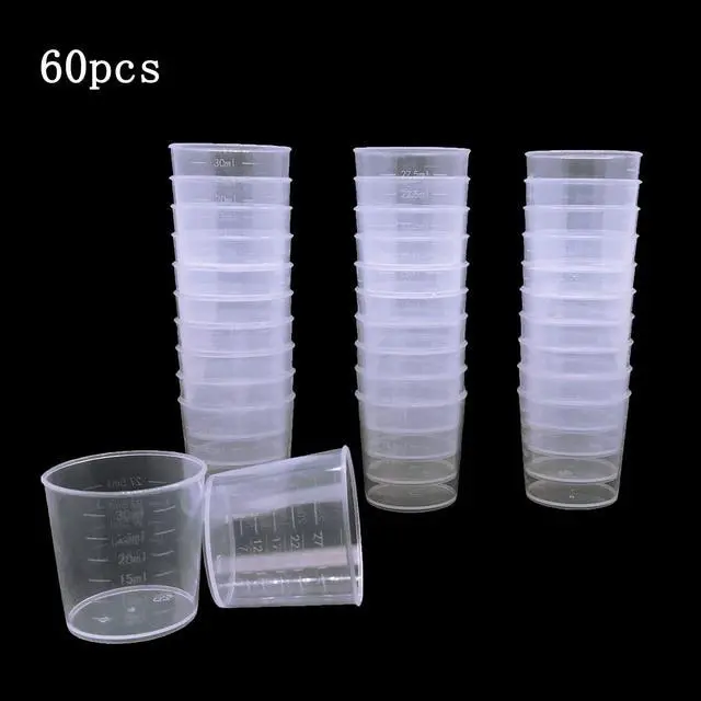 Alt view image 5 of 5 - 60 Pcs Plastic Graduated Cups, 30ml/1oz Clear Scale Cups | Transparent Experiment Measuring Cup with 50 Pcs Wooden Stirring Sticks for Epoxy, Resin, Stain, Mixing Paint