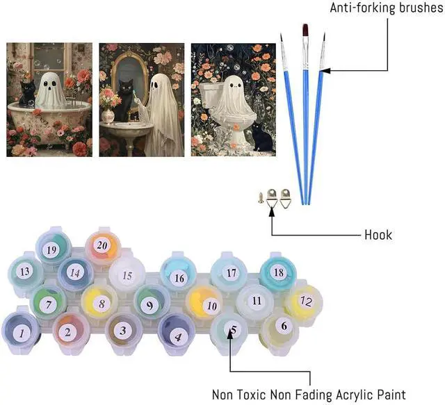 Alt view image 2 of 7 - 3 Pack Ghost Paint by Numbers Kit for Adults, Halloween Ghost Adult Paint by Number Kits on Canvas, Acrylic Bathroom Easy Paint by Numbers for Gift Home Decor 12x16 Inch