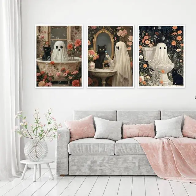 Alt view image 4 of 7 - 3 Pack Ghost Paint by Numbers Kit for Adults, Halloween Ghost Adult Paint by Number Kits on Canvas, Acrylic Bathroom Easy Paint by Numbers for Gift Home Decor 12x16 Inch