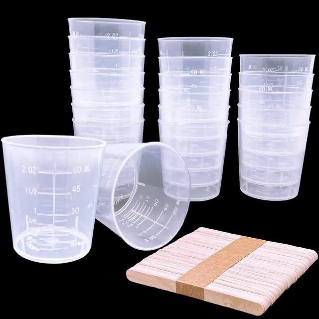 Main image of 30 Pcs Plastic Graduated Cups, 60ml/2oz Clear Scale Cups | Transparent Experiment Measuring Cup with 50 Pcs Wooden Stirring Sticks for Epoxy, Resin, Stain, Mixing Paint