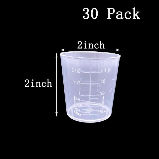 Alt view image 3 of 6 - 30 Pcs Plastic Graduated Cups, 60ml/2oz Clear Scale Cups | Transparent Experiment Measuring Cup with 50 Pcs Wooden Stirring Sticks for Epoxy, Resin, Stain, Mixing Paint