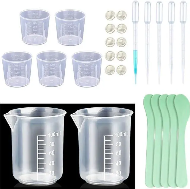 Main image of Measuring Cups Kit - 5 Pcs 30ml, 2 Pcs 100ml Plastic Measuring Cups, Paint Resin Mixing Cups, Medicine Graduated Measure Cups with 5 Pcs Mixing Sticks, 10 Pcs Finger Cots and 5 Pc Transfer Pipettes
