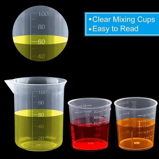 Alt view image 2 of 7 - Measuring Cups Kit - 5 Pcs 30ml, 2 Pcs 100ml Plastic Measuring Cups, Paint Resin Mixing Cups, Medicine Graduated Measure Cups with 5 Pcs Mixing Sticks, 10 Pcs Finger Cots and 5 Pc Transfer Pipettes