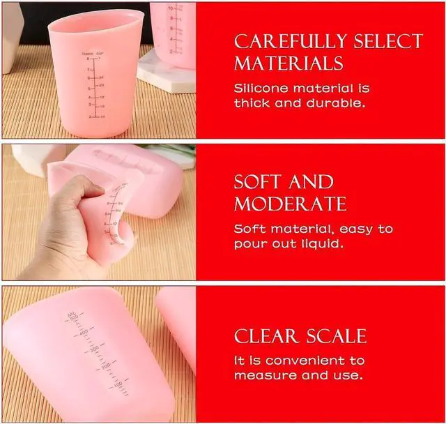 Alt view image 4 of 7 - 2 Pcs 250 ml/500 ml Silicone Measuring Cups, Silicone Reusable Mixing Pouring Measure Cups, Melt Stir Squeeze & Pour Measuring Cups for Epoxy Resin Casting Moulds Cups (Pink)