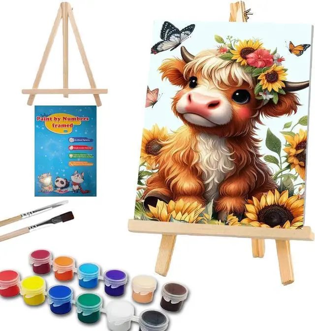 Main image of Cow Paint by Numbers Kit for Kids with Frame and Easel 8x12 in | Cow Paint by Number Kids Ages 8-10-12, DIY Acrylic Animal Painting by Numbers for Kids Teen Girls for Gift Home Wall Decor