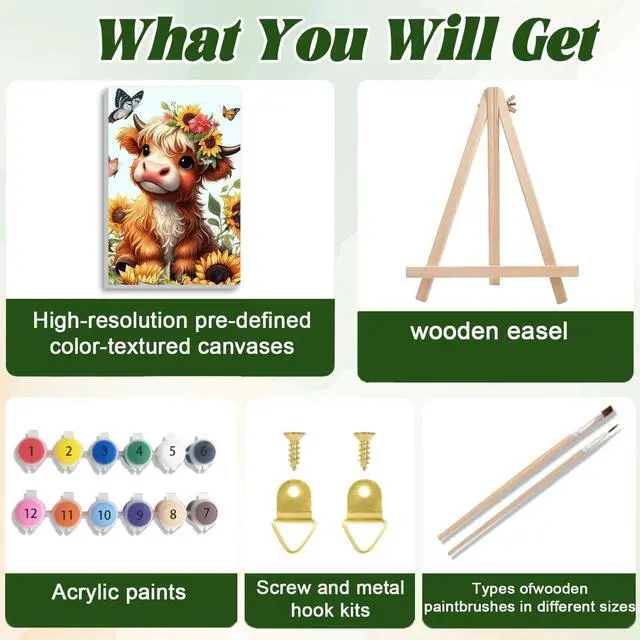 Alt view image 4 of 7 - Cow Paint by Numbers Kit for Kids with Frame and Easel 8x12 in | Cow Paint by Number Kids Ages 8-10-12, DIY Acrylic Animal Painting by Numbers for Kids Teen Girls for Gift Home Wall Decor